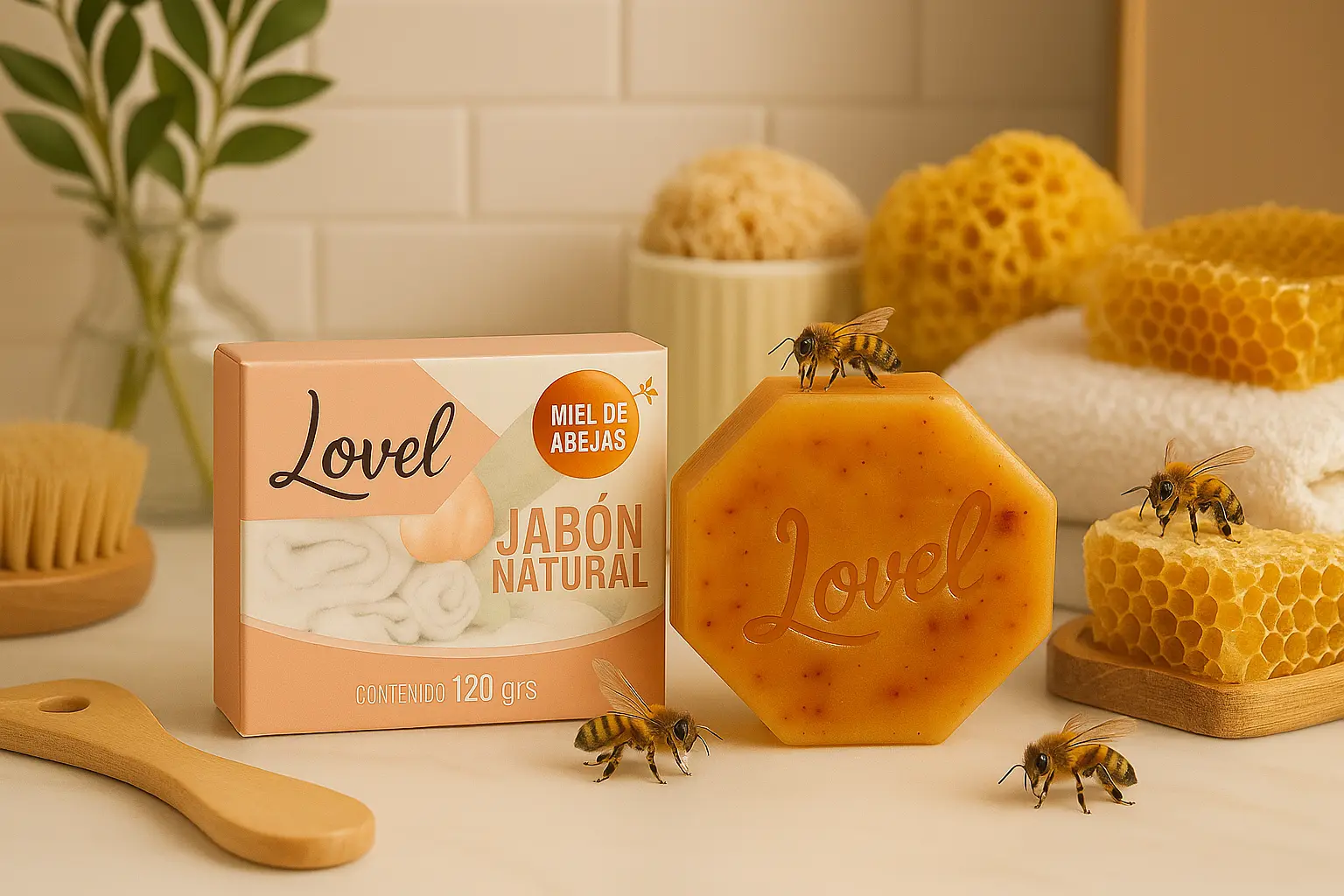 Jabón de miel de abejas al lado de panales de miel