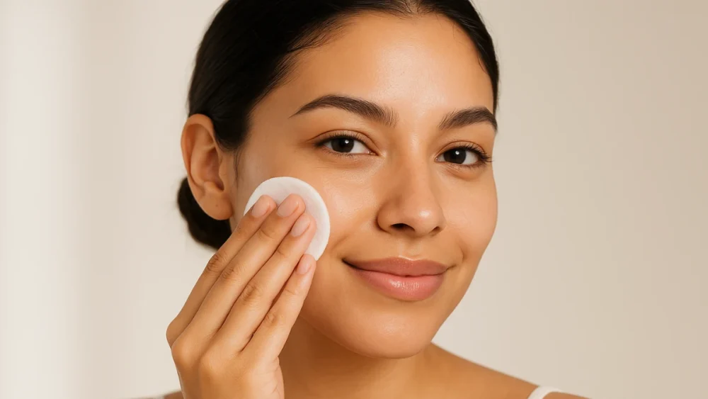 Mujer aplicando tónico despigmentante en el rostro para aclarar manchas de forma segura