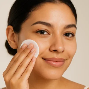 Mujer aplicando tónico despigmentante en el rostro para aclarar manchas de forma segura
