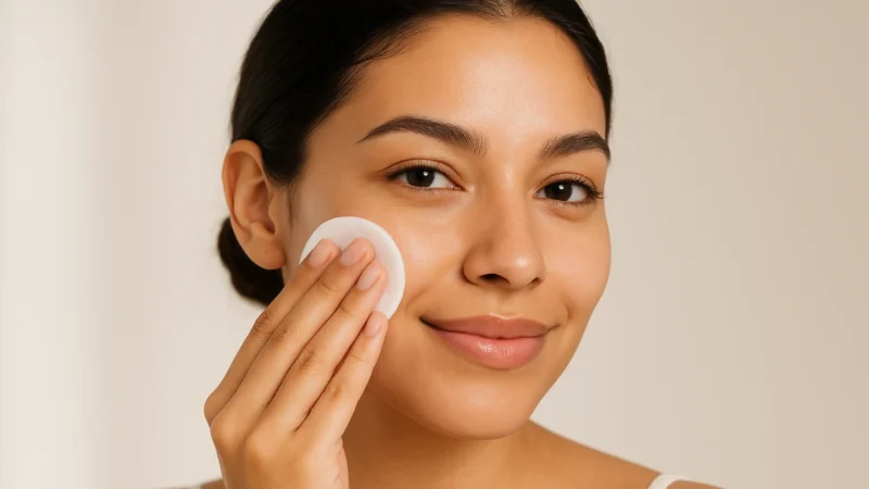 Mujer aplicando tónico despigmentante en el rostro para aclarar manchas de forma segura