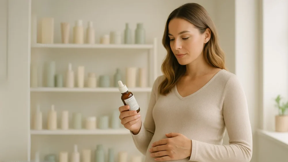 Mujer leyendo en un frasco Ingredientes cosméticos seguros en el embarazo