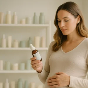 Mujer leyendo en un frasco Ingredientes cosméticos seguros en el embarazo