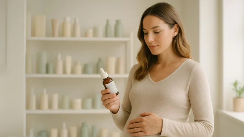 Mujer leyendo en un frasco Ingredientes cosméticos seguros en el embarazo