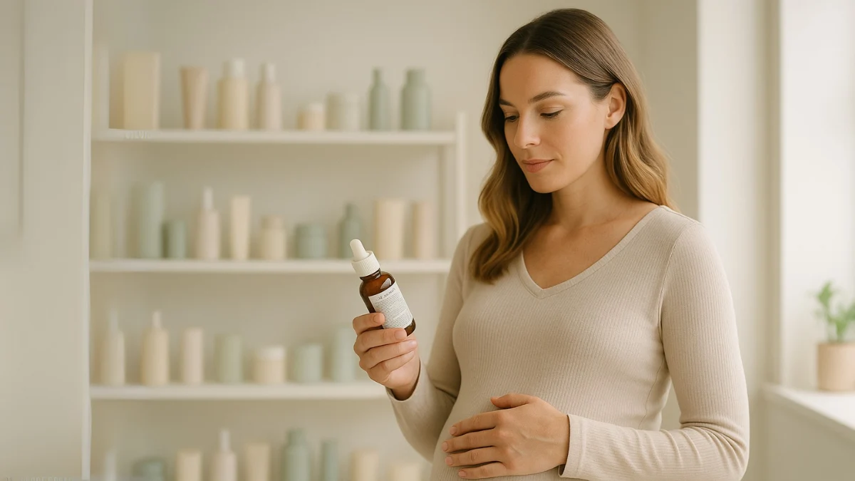 Mujer leyendo en un frasco Ingredientes cosméticos seguros en el embarazo